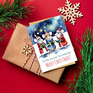 Christmas carols mice singing watercolor cute postcard