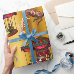 Christmas Carousel Horses on Gold Wrapping Paper