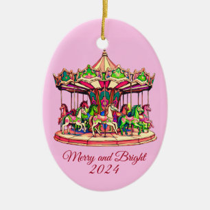 Christmas Carousel in Candy Stripes Ceramic Ornament