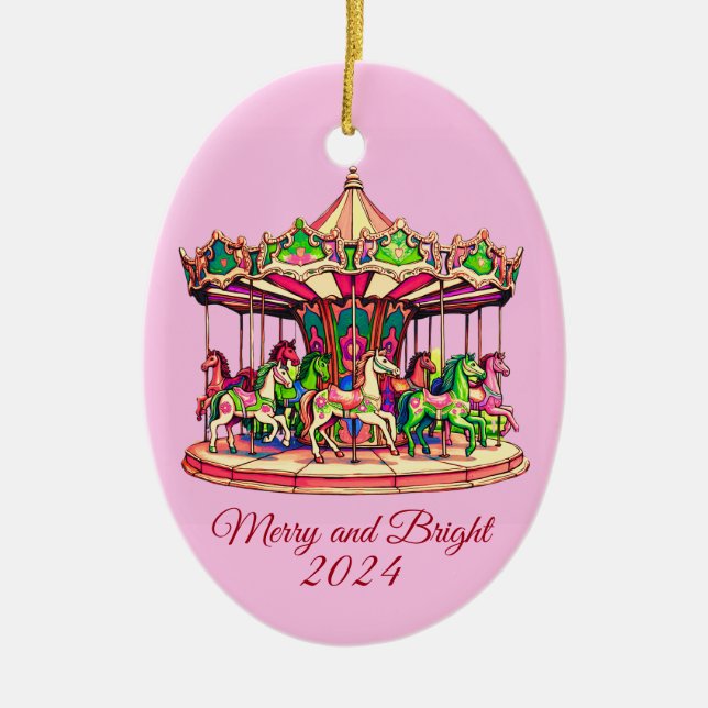 Christmas Carousel in Candy Stripes Ceramic Ornament (Front)