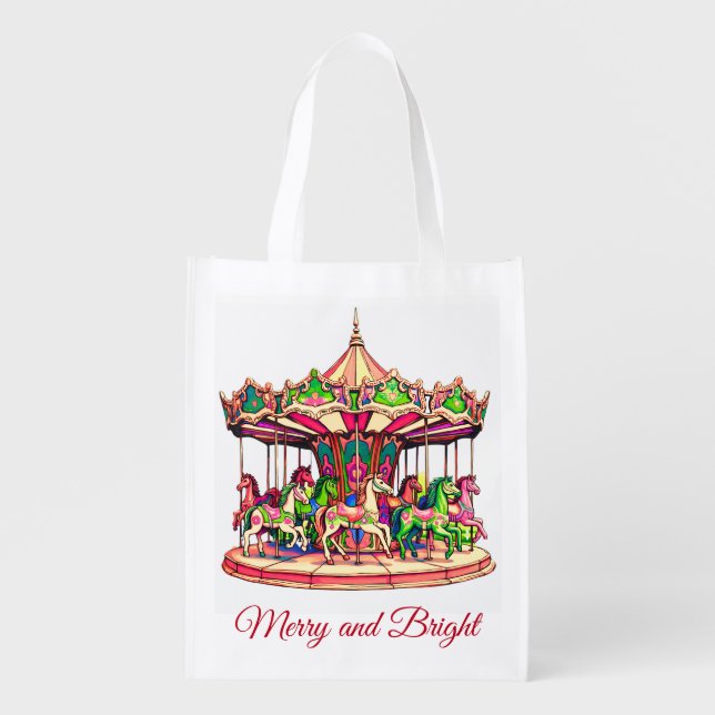 Christmas Carousel in Candy Stripes Grocery Bag (Front)