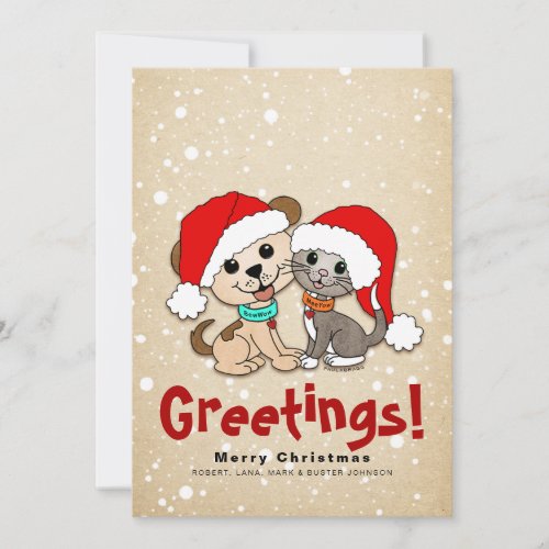 Christmas Cartoon Cat Dog Holiday Card
