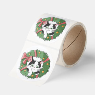 Christmas Cartoon Cat in Pretty Wreath Classic Round Sticker