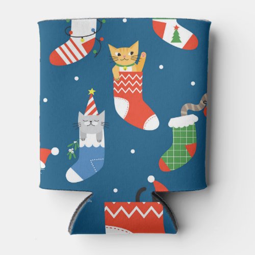 Christmas Cartoon Cats Cute Pattern Can Cooler