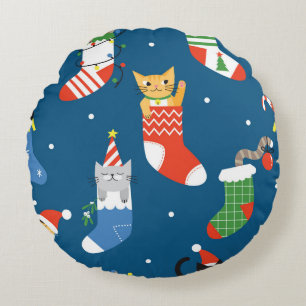 Christmas Cartoon Cats Cute Pattern Round Pillow