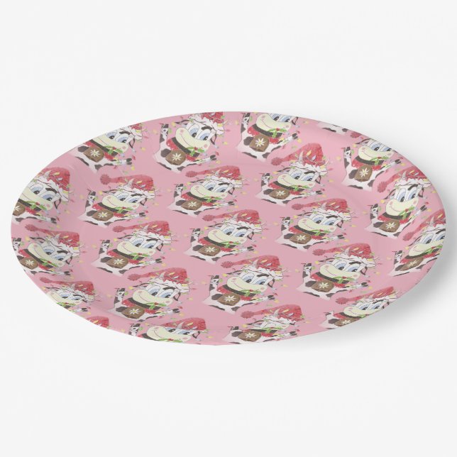 Christmas Cartoon Cow Pattern Pink Paper Plates (Angled)