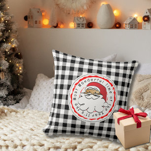 Christmas Cartoon Ethnic Santa Black White Plaid Throw Pillow