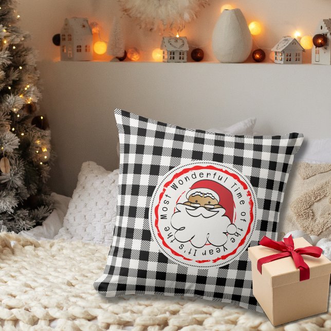 Christmas Cartoon Ethnic Santa Black White Plaid Throw Pillow (Creator Uploaded)