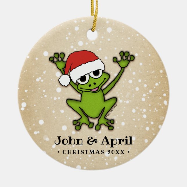 Christmas Cartoon Frog Ceramic Ornament (Front)