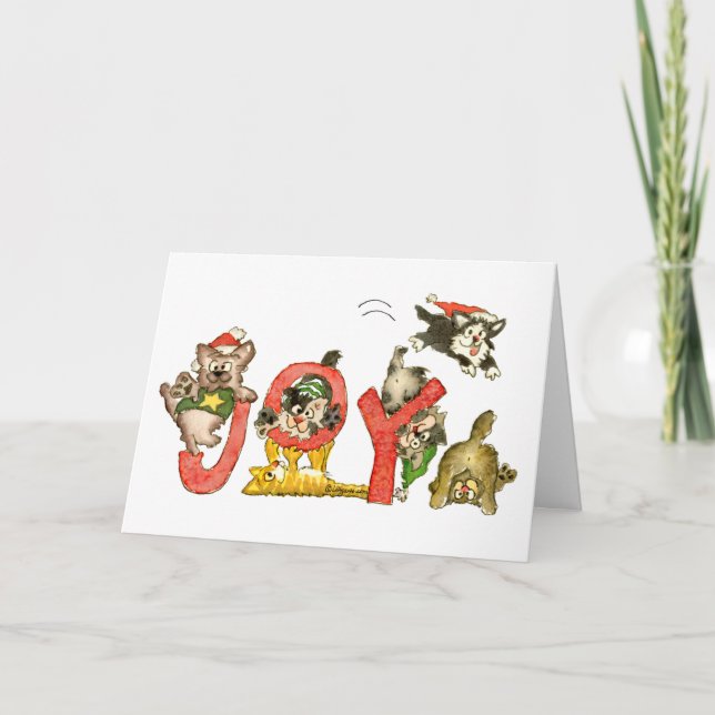 Christmas Cartoon Kitten Cats JOY CARD (Front)