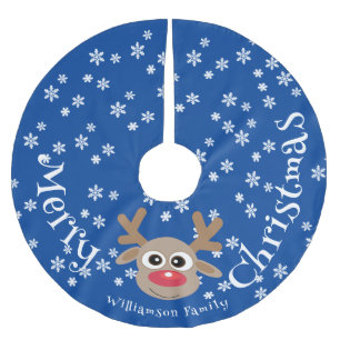 Christmas Cartoon Reindeer Blue White Snowflakes Brushed Polyester Tree Skirt