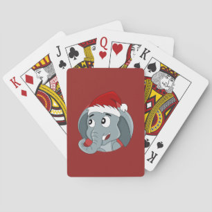 Christmas cartoon with a cute elephant playing car poker cards