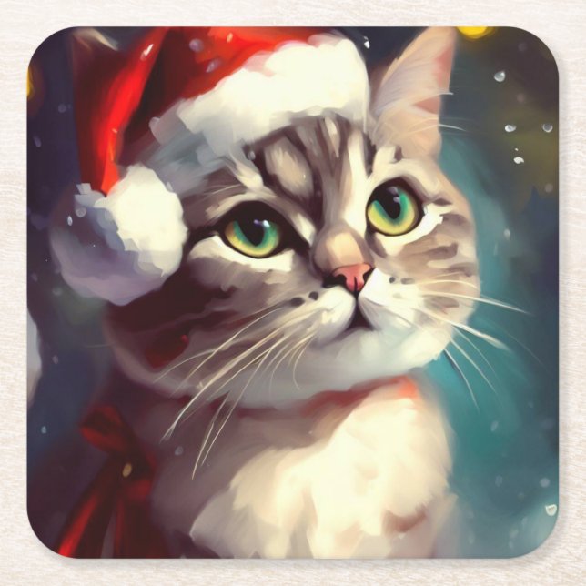Christmas Cat 2 Square Paper Coaster (Front)
