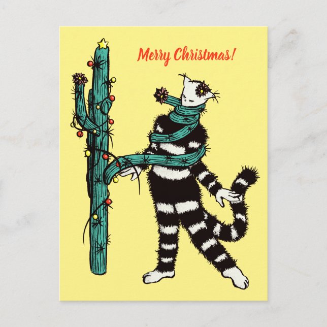 Christmas Cat And Cactus Weird Xmas Postcard (Front)