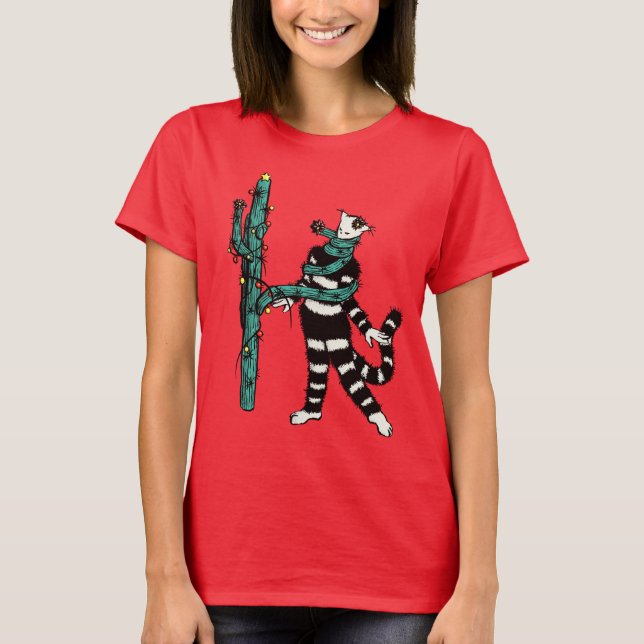 Christmas Cat And Cactus Weird Xmas T-Shirt (Front)