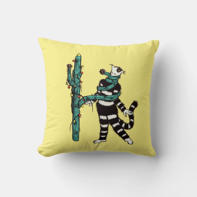 Christmas Cat And Cactus Weird Xmas Throw Pillow (Front)