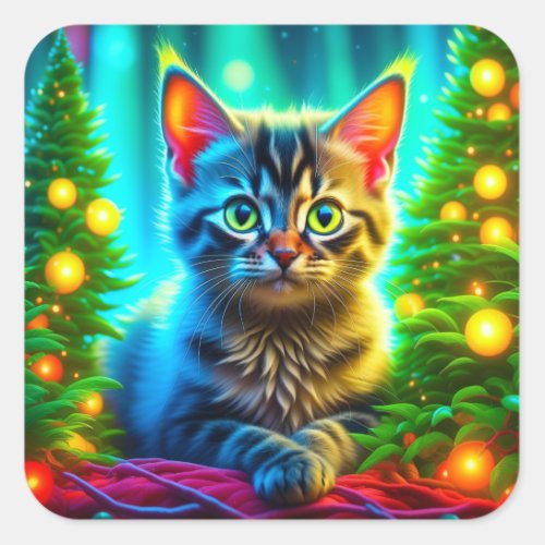 Christmas Cat and Christmas Tree Lights Square Sticker