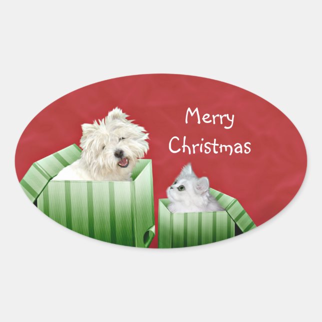 Christmas cat and dog oval sticker (Front)