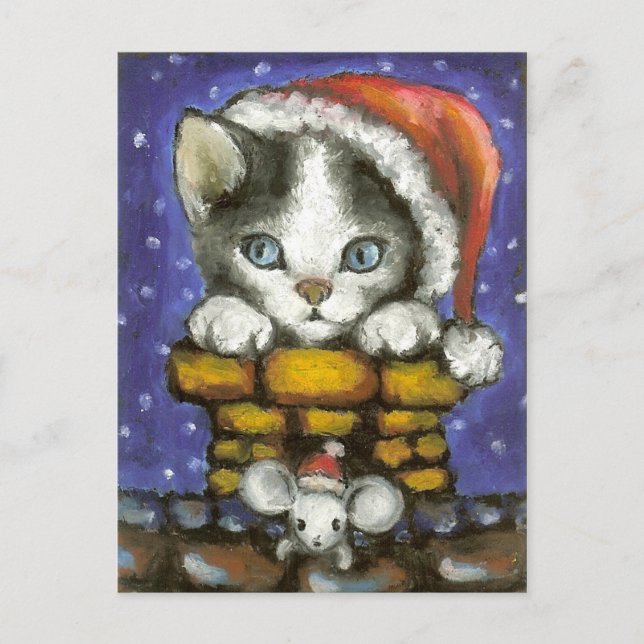 Christmas cat and mouse holiday postcard (Front)