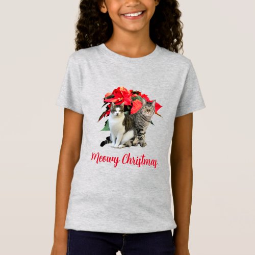 Christmas Cat and Poinsettia Red Flowers  T_Shirt