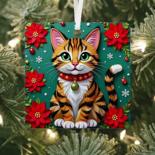 Christmas Cat and Poinsettias Festive Christmas Metal Ornament (Insitu)