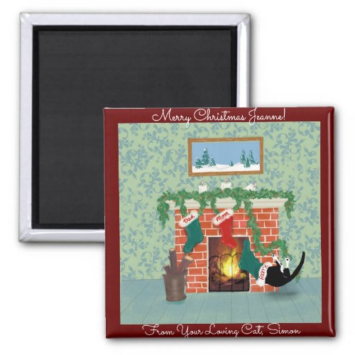 Christmas Cat and Stocking Funny Personalized Magnet