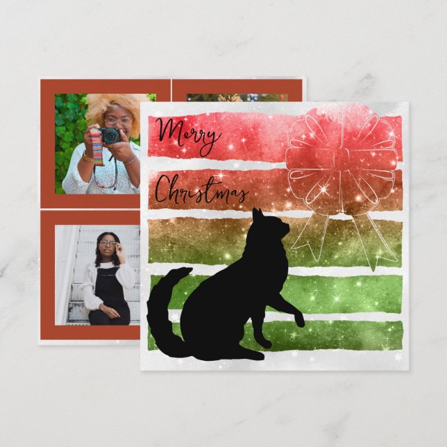 Christmas Cat, bands of sparkling red & green flat Holiday Card (Front/Back)
