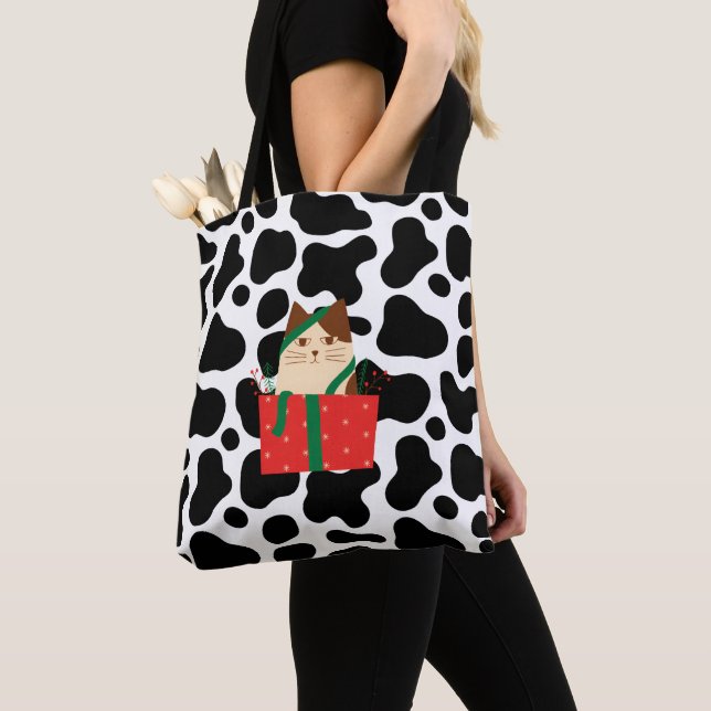 Christmas Cat Black and White Pattern Square Tote Bag (Close Up)