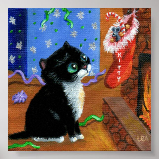 Christmas Cat Black Tuxedo Kitten Holiday Poster (Front)