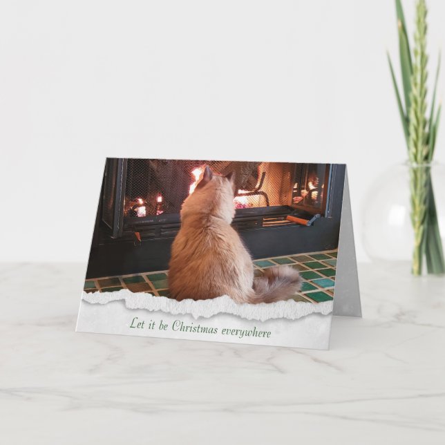 Christmas Cat By Fireplace  Holiday Card (Front)