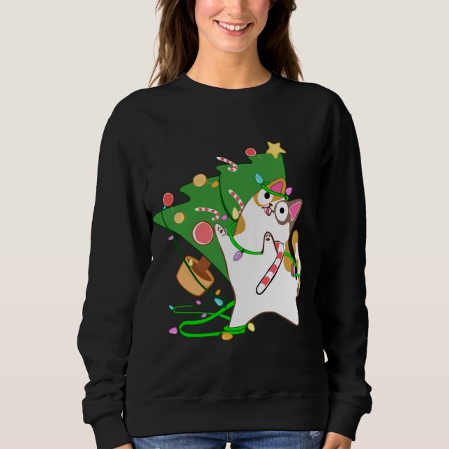 Christmas Cat Calico knock over xmas tree kitty cu Sweatshirt (Front)
