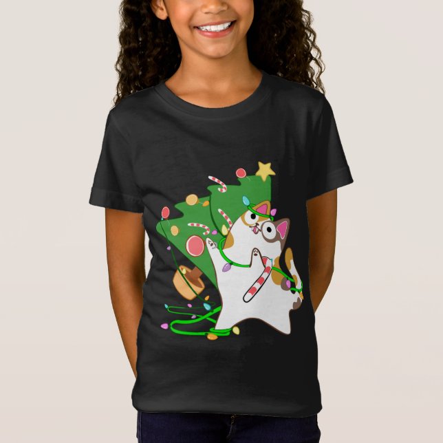 Christmas Cat Calico knock over xmas tree kitty cu T-Shirt (Front)