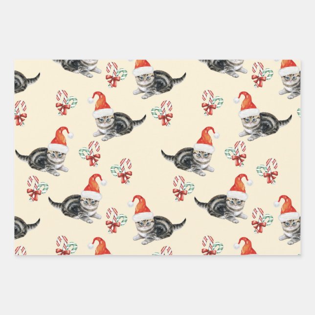 Christmas Cat & Candy Cane, Men Women & Kids Wrapping Paper Sheets (Front)
