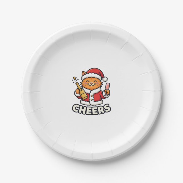 Christmas Cat Cheers Vector Design Paper Plates (Front)