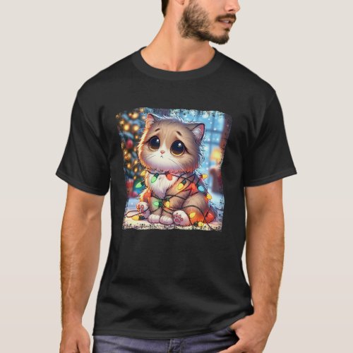 Christmas Cat _ Cute Clumsy Tangled in Lights in T_Shirt