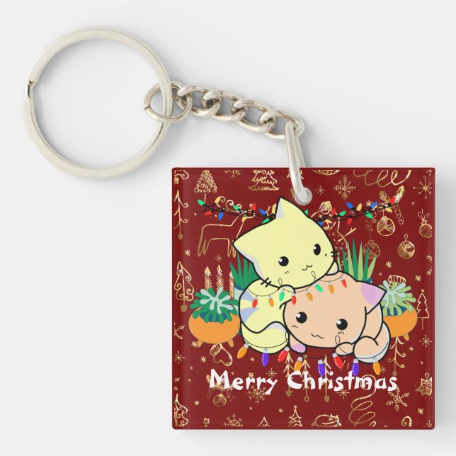christmas cat cute, customize personalized text   keychain (Front)