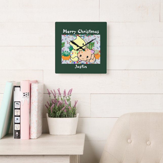 christmas cat cute, customize personalized text  square wall clock (Reading Room)