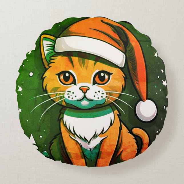 Christmas Cat Design: Cute & Festive Holiday Style Round Pillow (Front)