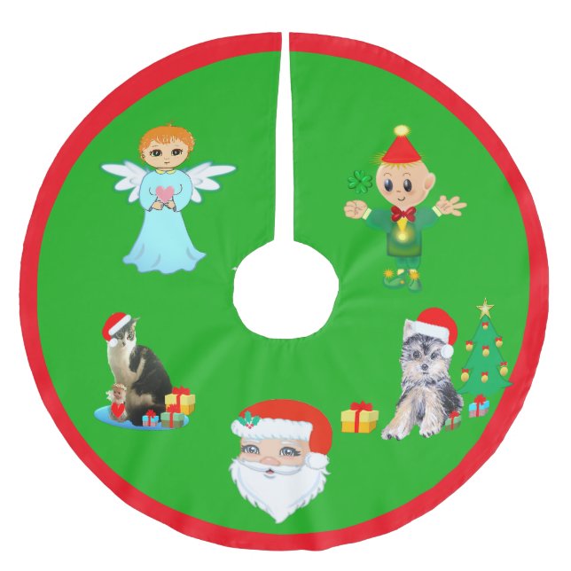 Christmas Cat, Dog, Angel, Elf & Santa Claus Brushed Polyester Tree Skirt (Front)