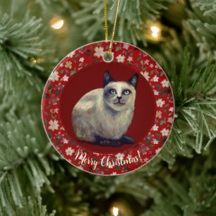 Christmas cat floral ceramic ornament