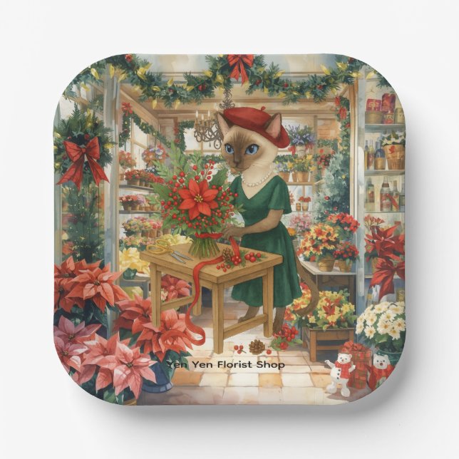Christmas Cat Florist is arranging Flowers Paper Plates (Front)