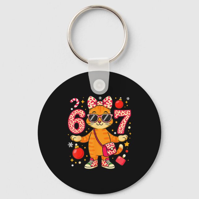 Christmas Cat For Women 6 7 Tee Meme Leopard Bow X Keychain (Front)