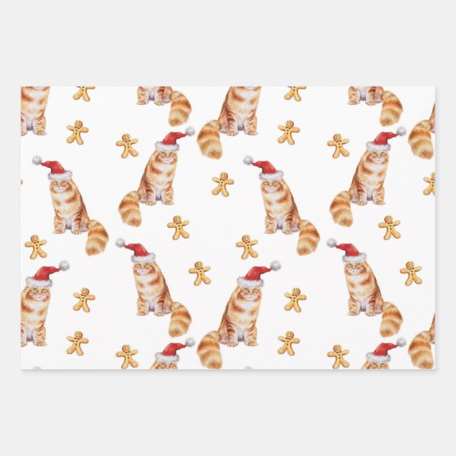 Christmas Cat & Ginger Bread, Men Women & Kids Wrapping Paper Sheets (Front)
