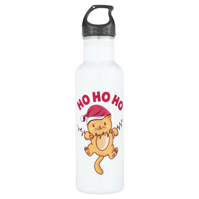 Christmas Cat Ho Ho Ho Stainless Steel Water Bottle (Front)