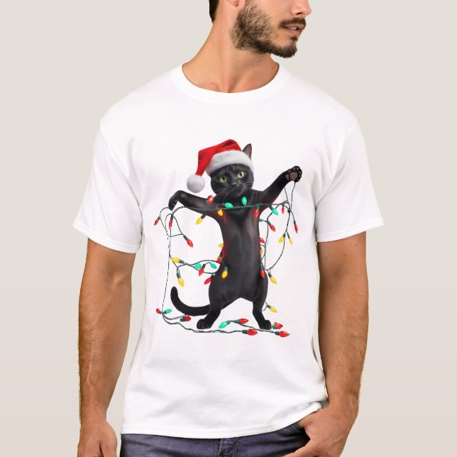 Christmas Cat Holiday Lights T-Shirt (Front)