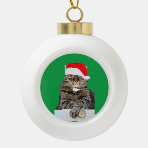 Christmas Cat Humbug Photo Ceramic Ball Ornament
