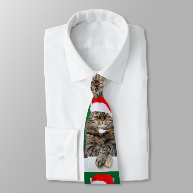 Christmas Cat Humbug Photo with Santa Hat Neck Tie (Tied)