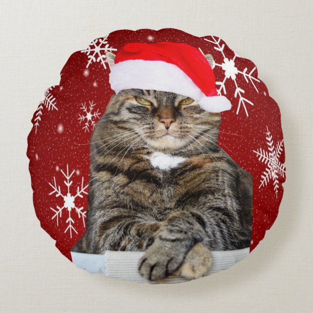 Christmas Cat Humbug Photo with Santa Hat Round Pillow (Front)