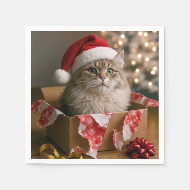 Christmas Cat in a Box Napkins (Front)