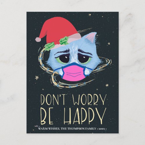Christmas Cat in Face Mask  Donât Worry Covid 19 Holiday Postcard